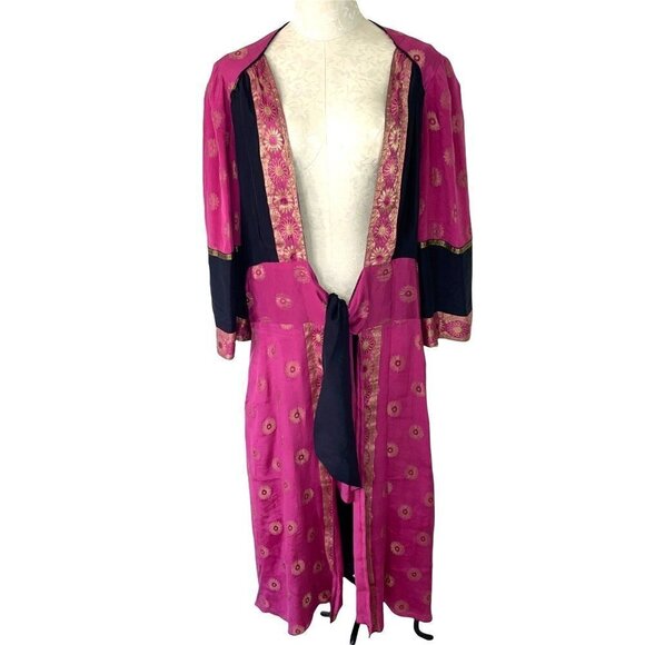 Scarlet Poppy Arte Duster Womens Size Large L Silk Tie Front Lined Pink Black